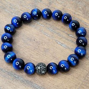 10mm Polished Dark Blue Tiger Eye Crystal Ball Stretch Bracelet